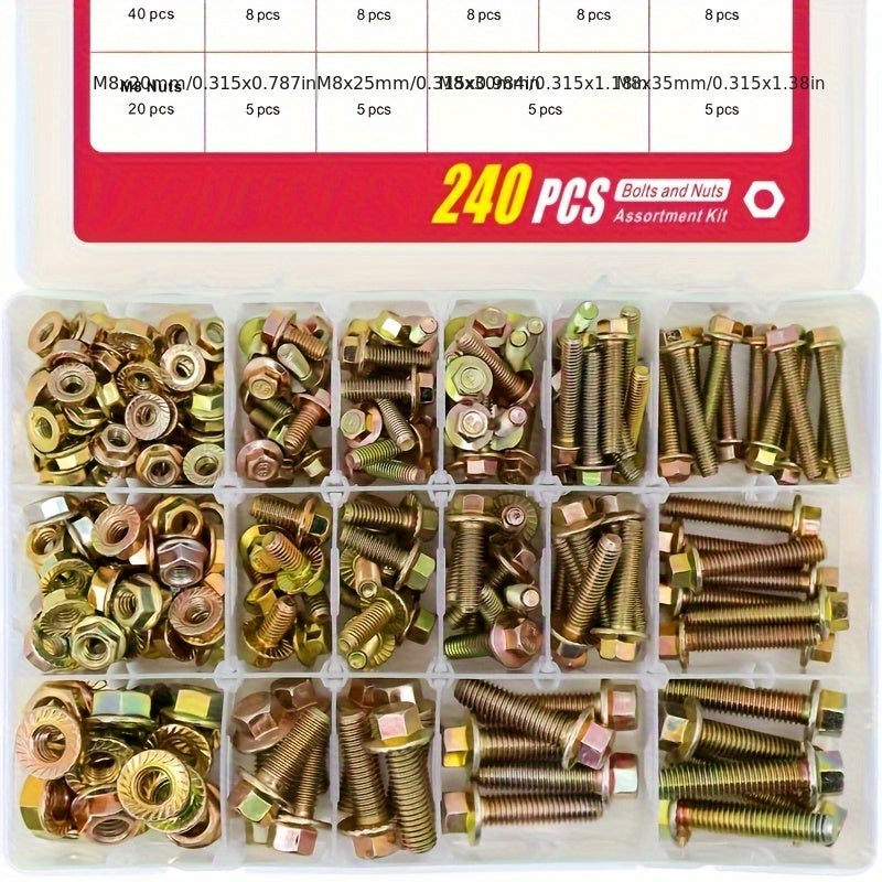 Metric Flange Bolt Nut Assortment Kit 240pcs – M5 M6 M8 Alloy Steel Hex Screws & Nuts Set in 14 Sizes Corrosion-Resistant for DIY Repair Automotive Machinery with Clear Storage Box