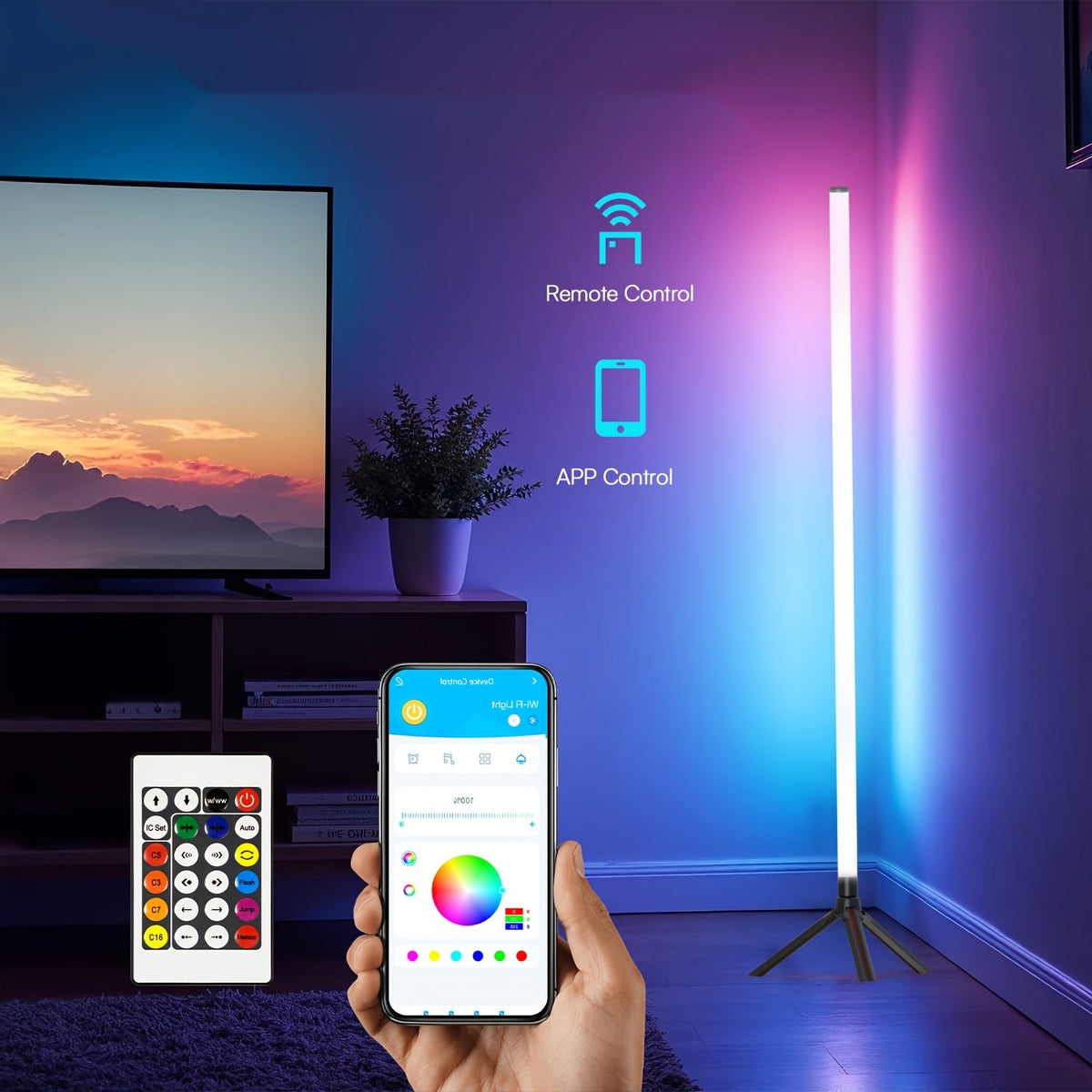RGB Tube Floor Lamp 360° with Stand – App & 24-Key Remote Music Sync 16 Million Colors Dimmable Timer Mood Light for Bedroom Gaming Room DJ Studio Dance Club Party – 1/2 Pack