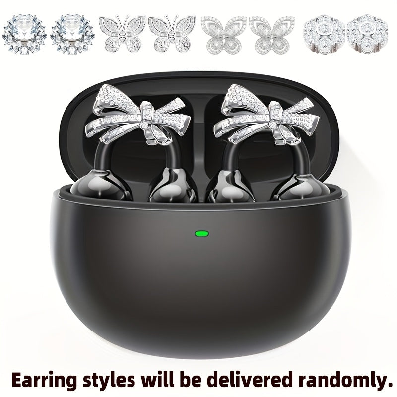 Clip On Wireless Earbuds Open Ear Bluetooth Headphones with Detachable Gemstone Earrings ANC Noise Reduction HD Stereo Hands-Free for Sports Exercise Work Study Outdoors