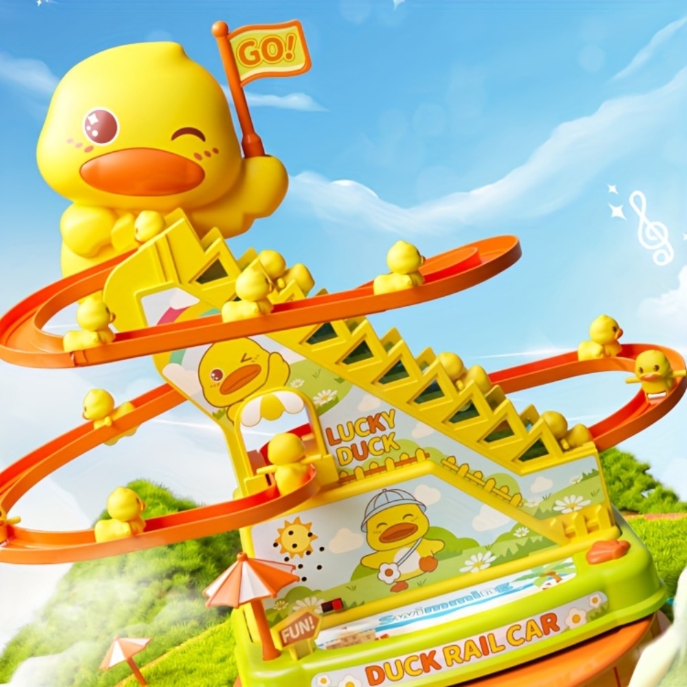 Electric Duck Climbing Stairs Toy with Music and Six-Duck Slide Loop