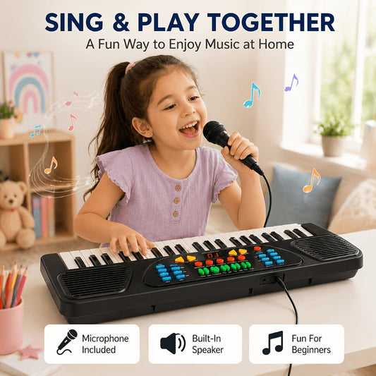 Kids Electronic Keyboard in Black with Microphone for Sing-Along Play