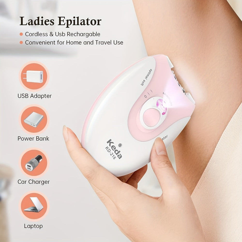 Electric Epilator for Women USB Rechargeable 2-Speed Painless Hair Removal – Stainless Steel Blades Cordless Portable Body Hair Remover for Legs Bikini Line Face, Ergonomic Pink Design, Gift for Her