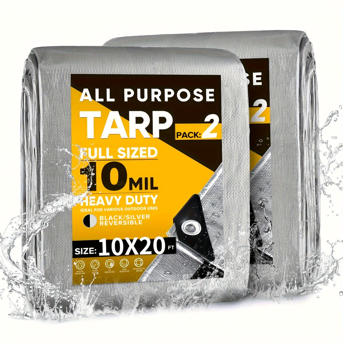 Heavy Duty Waterproof Tarp 2-Pack 10Mil 150GSM Black Silver – Tear-Proof Polyethylene Cover with Reinforced Grommets for Roof Pool Boat Car Camping & Outdoor