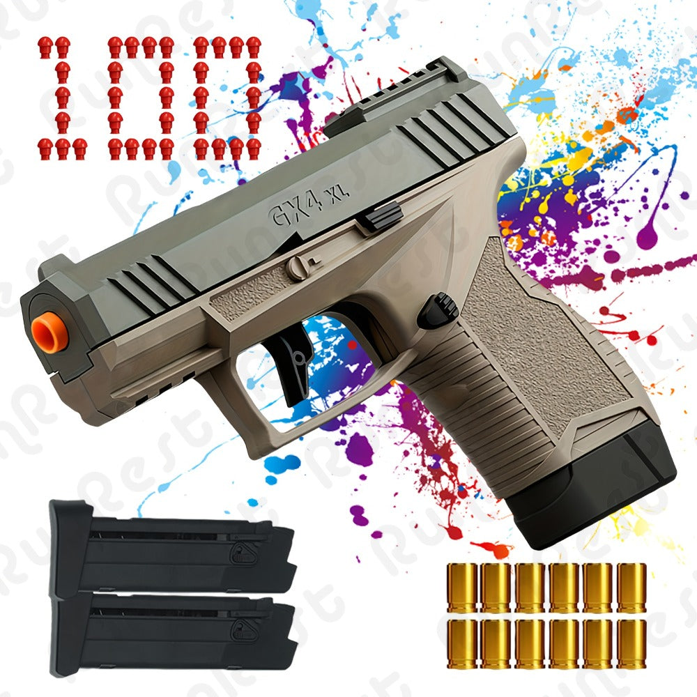 Soft Bullet Toy Gun with Jumping Shell & 2 Magazines – 100 Bullets 12 Shells Auto Rebound Decompression Pistol Shooting Toy for Kids Boys Ages 6+, Indoor Outdoor Play Birthday Gift