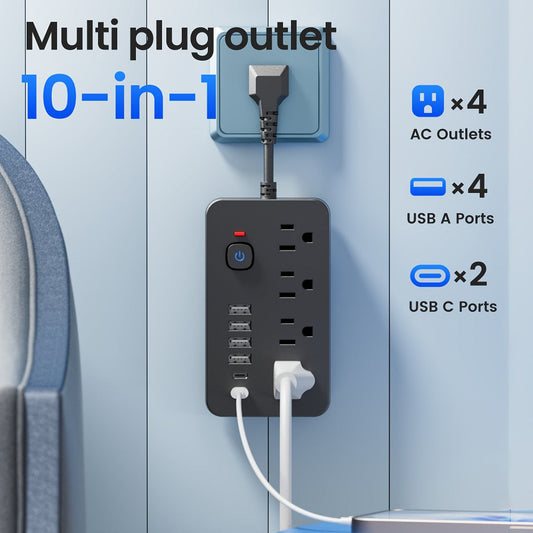 Wall-Mountable Outlet Extender Power Strip with 6 USB Ports, 10-in-1 & 14-in-1 Options