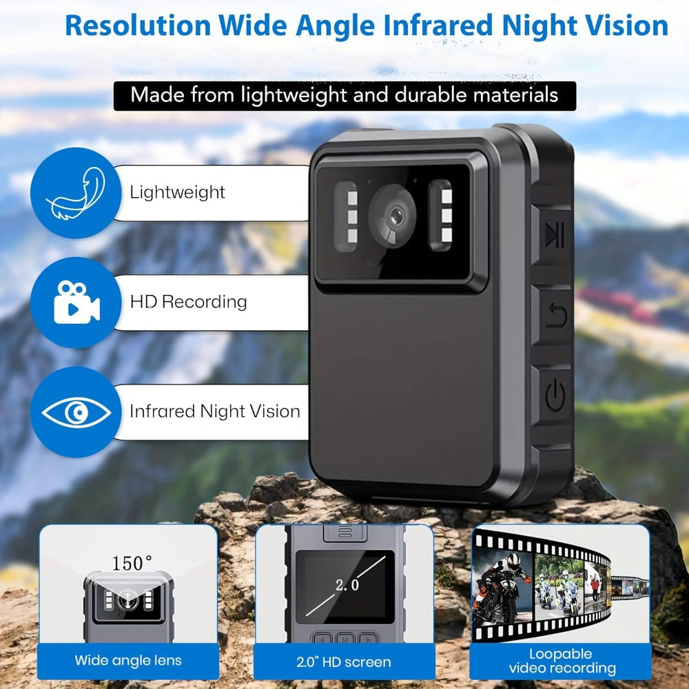 Body Camera with Night Vision & Audio Recording | 150° Wide Angle, 1800mAh Battery, HD Video, Compact Wearable Security Camera for Law Enforcement, Security Guards, Outdoor Use (No SD Card)