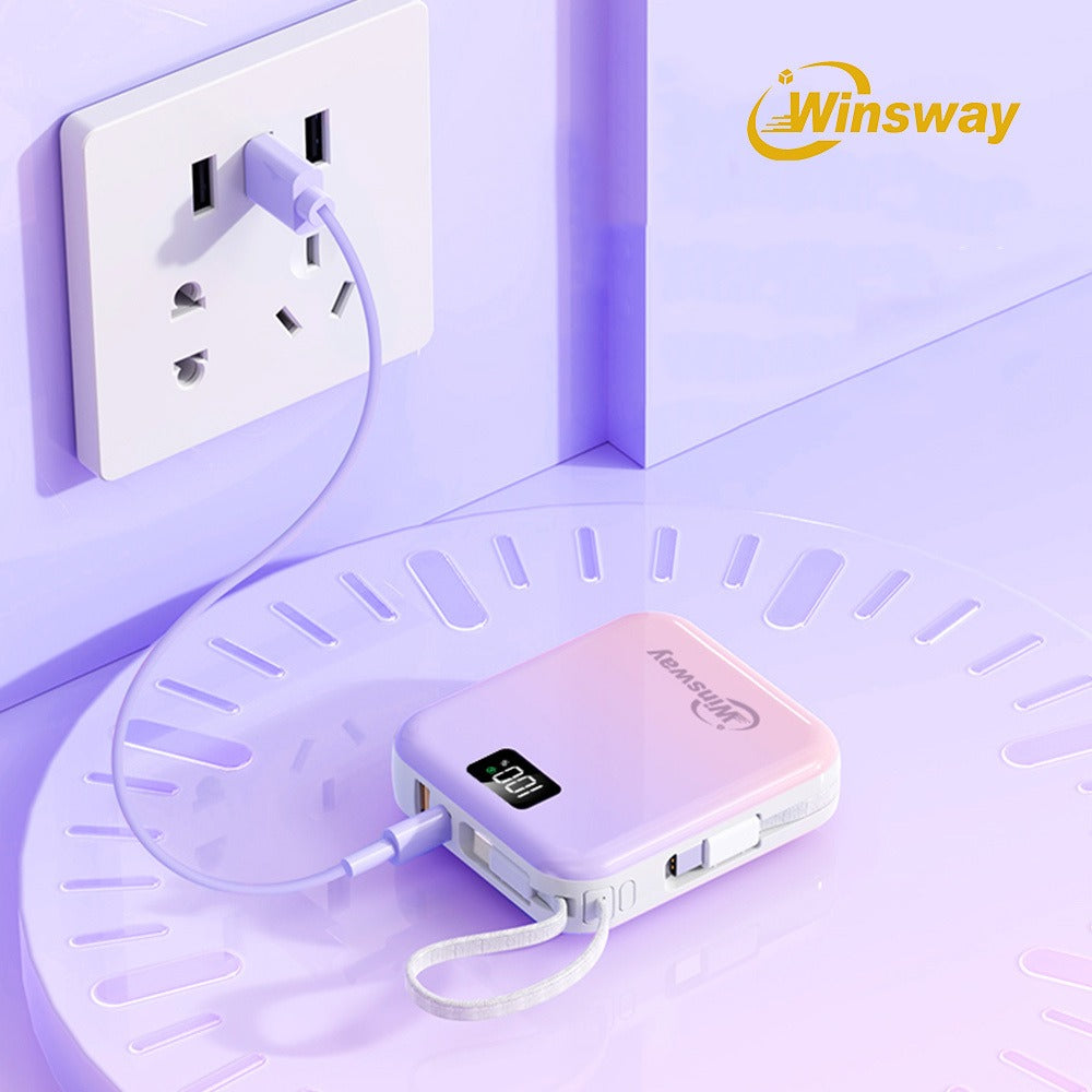 Mini Compact Power Bank 10000mAh Winsway 22.5W Fast Charging – Built-in Dual Cables USB-C & USB-A, Gradient Design, LED Display, Ultra-Lightweight Portable Charger for Travel Boarding Outdoor Gift