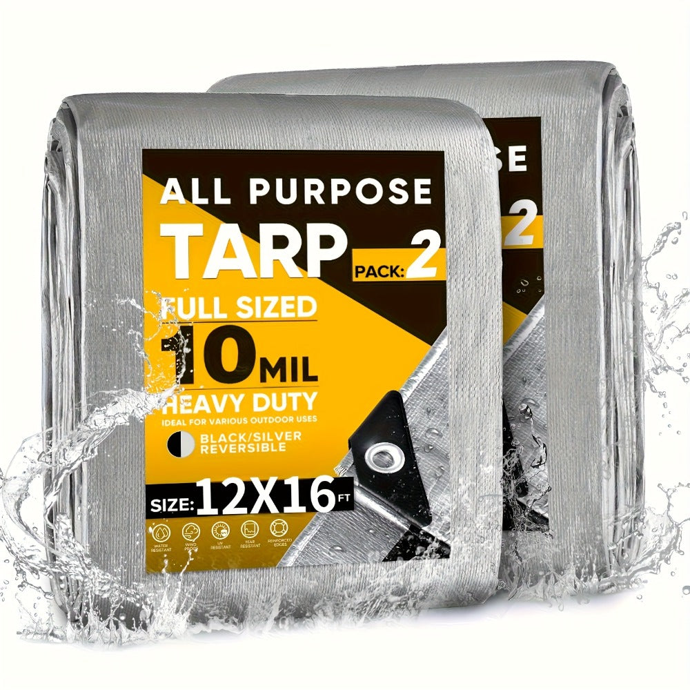 Heavy Duty Waterproof Tarp 2-Pack 10Mil 150GSM Black Silver – Tear-Proof Polyethylene Cover with Reinforced Grommets for Roof Pool Boat Car Camping & Outdoor