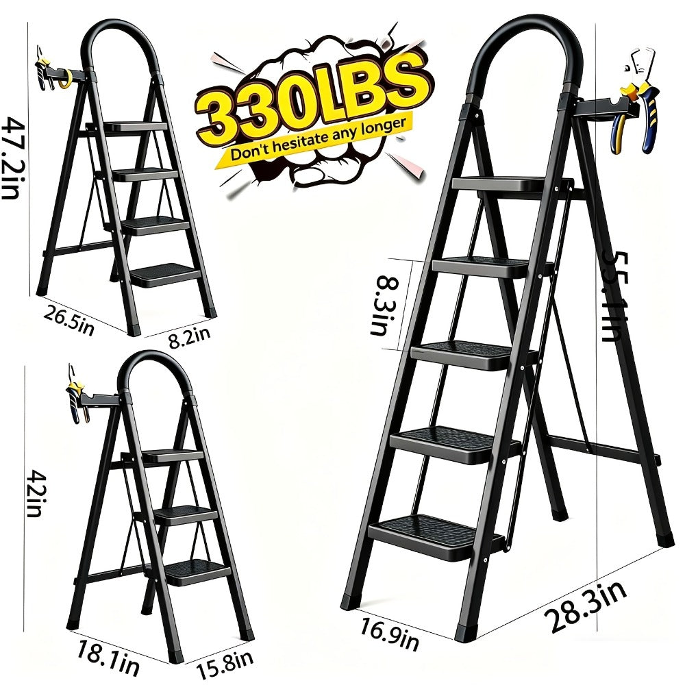 Folding Step Ladder with Anti-Slip Pedals & Handrail – 2/3/4/5 Step Stool for Adults, Sturdy Steel, Lightweight Portable, Non-Slip Feet, Rust-Resistant, Foldable for Home Kitchen Office Bedroom Use