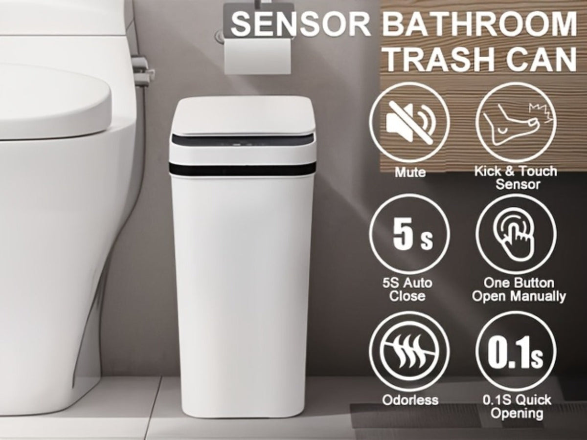 Motion Sensor Trash Can 2-Pack – 2.8 Gallon Touchless Automatic Slim Garbage Can with Auto Lid, Hands-Free Infrared Sensor Waste Basket for Bathroom Bedroom Office | White & Black