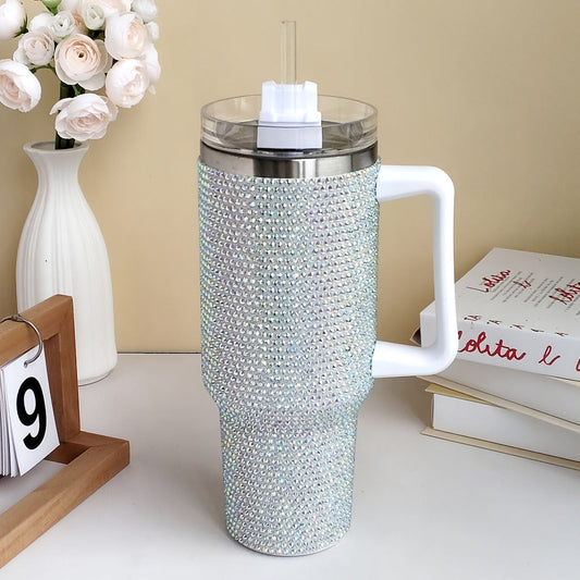 Rhinestone Tumbler with Handle and Straw Lid, 40 oz Insulated Silver Cup