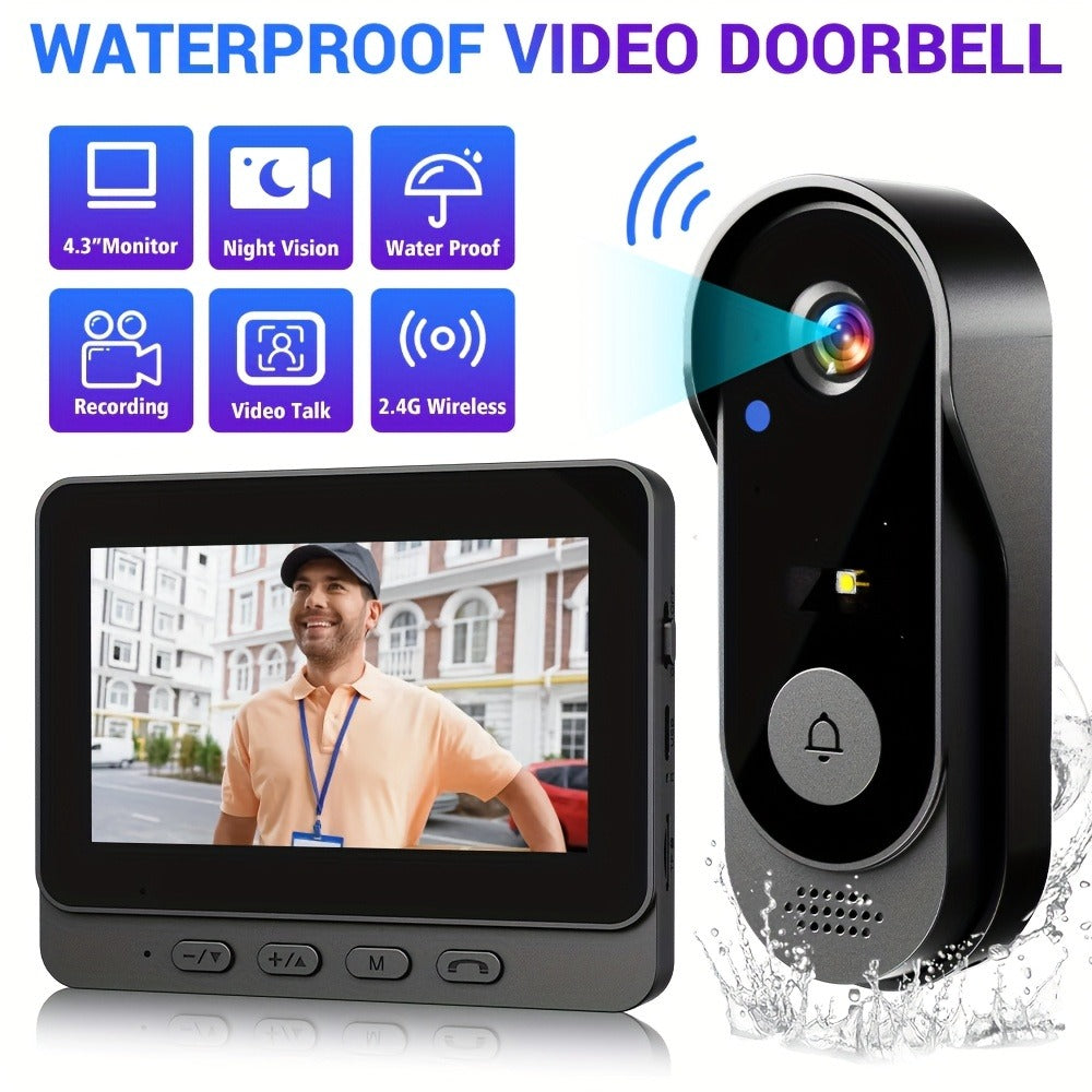 2.4G Direct Connect Video Doorbell with 4.3" Color Monitor - No WiFi No App, Two-Way Audio, 120° Wide Angle, Waterproof, 128GB SD, 6+ Month Battery Life, Color Night Vision, Rechargeable