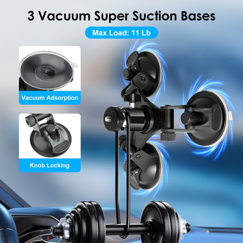 Suction Cup Camera Mount with 3 Bases – Universal 360° Ball Head Car Camera Holder for GoPro Hero 10 9 8 7, Action Cameras, DSLRs & Camcorders, Quick Release, ABS, Smooth Surface Secure Grip