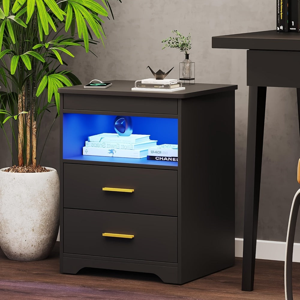 LED Nightstand with Charging Station & Hidden Drawer – 16-Color RGB Ambient Light, Open Storage Shelf, Modern Bedside Table for Bedroom Teen Guest Room Small Space, Black or White