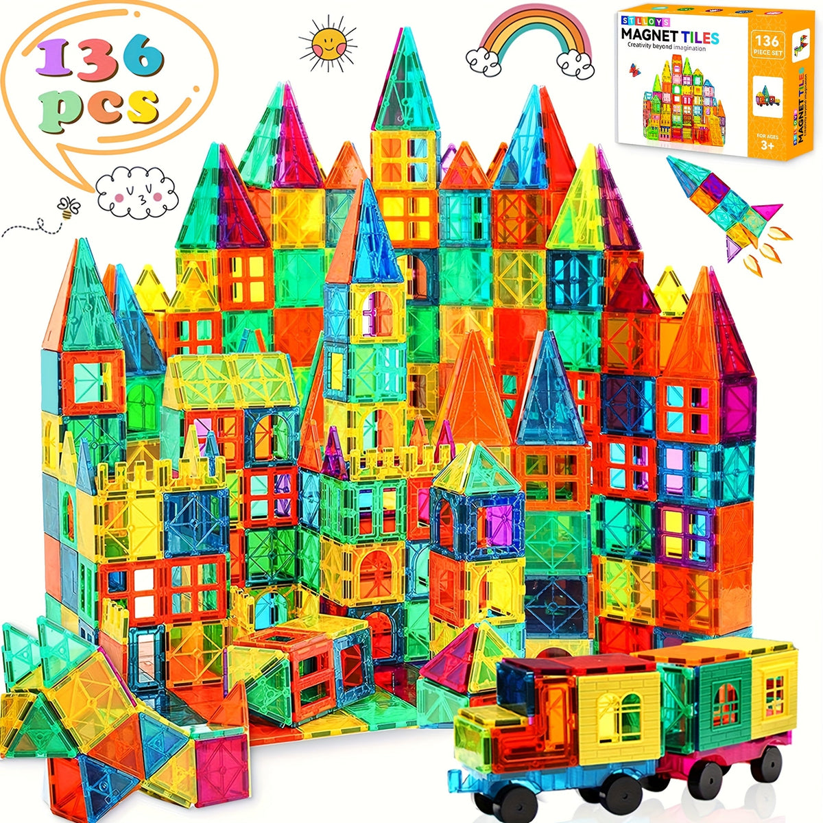 Magnetic Tiles Building Set for Kids Ages 3+, 106-Piece Multicolor with 2 Toy Cars or 136-Piece Basics