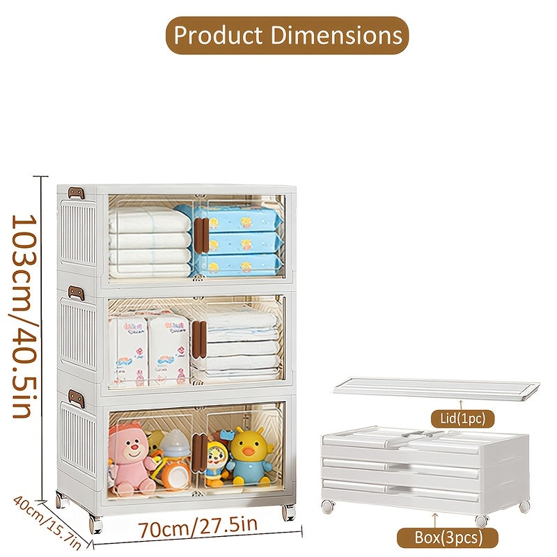 Stackable Foldable Storage Cabinet with Door – PP Plastic 1/2/3/4/5 Layer Organizer Box with Wheels & Cover | Dual-Access Home Storage for Clothes, Books, Snacks & Kitchen Supplies | Office & Garage