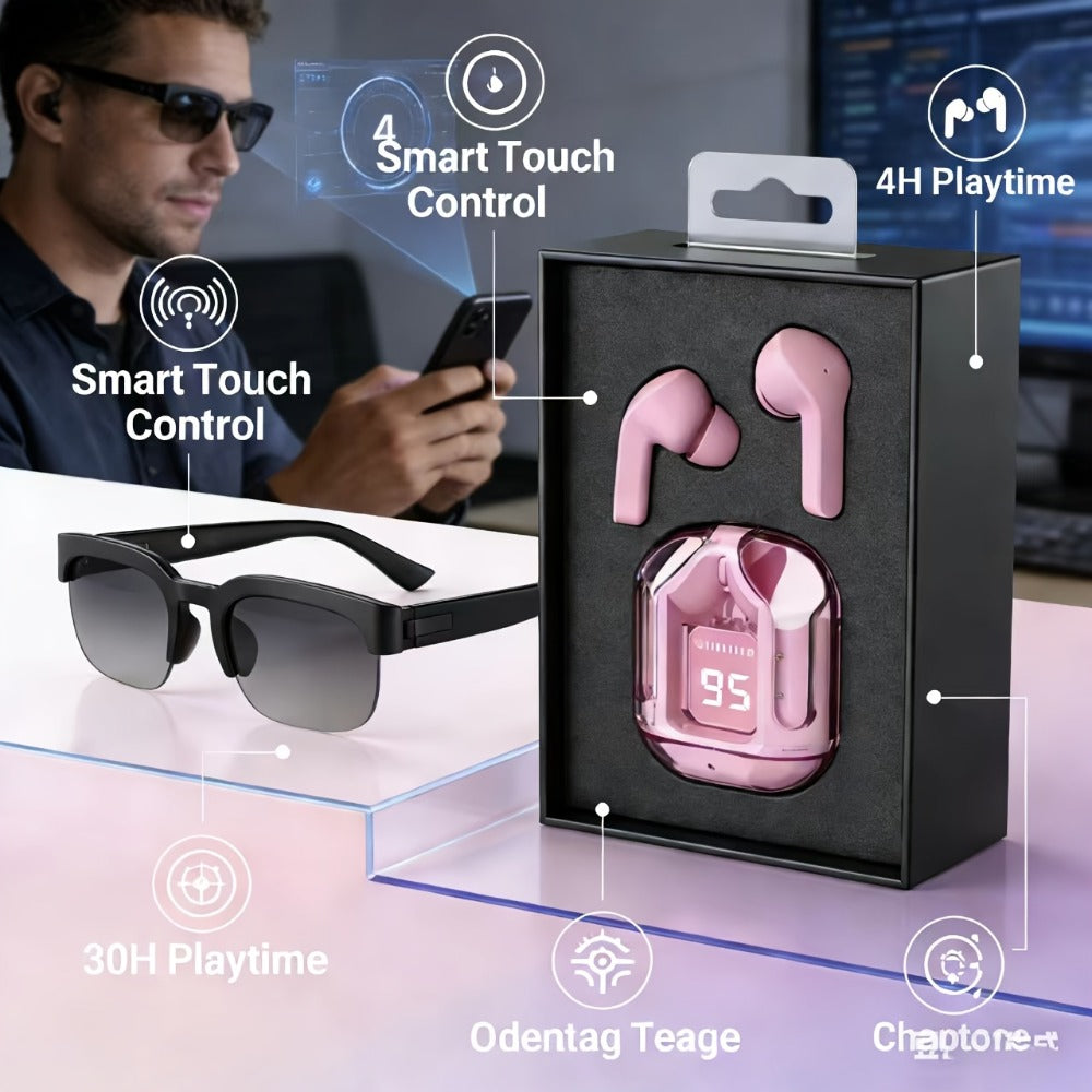 AI Translation Glasses & Wireless Headphones Bundle – Real-Time Multi-Language Translation, HiFi Audio, Built-in Mic, Rechargeable – Blue Gaming Headset or Pink Sports Earphones