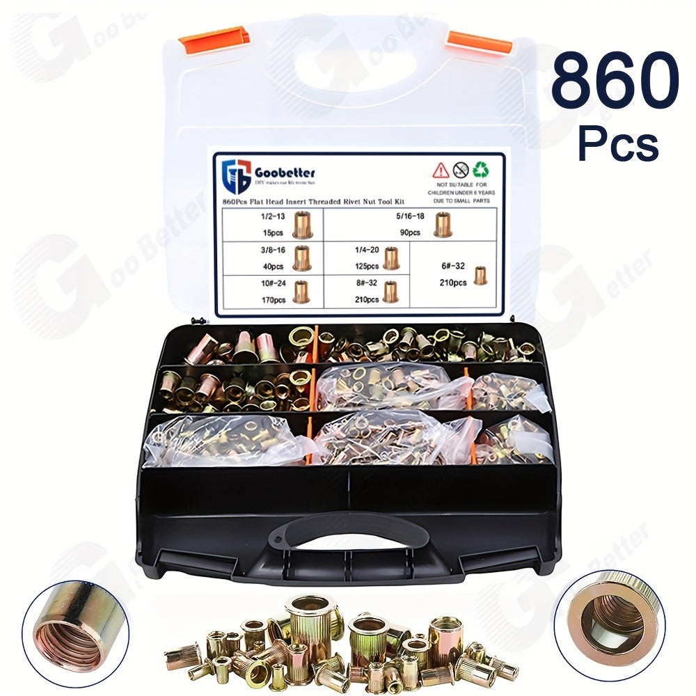 860pcs Rivet Nut Kit SAE UNC Assortment – Zinc Plated Carbon Steel Flat Head Insert Threaded Nuts 7 Sizes with Case for Auto Furniture & Industrial Projects