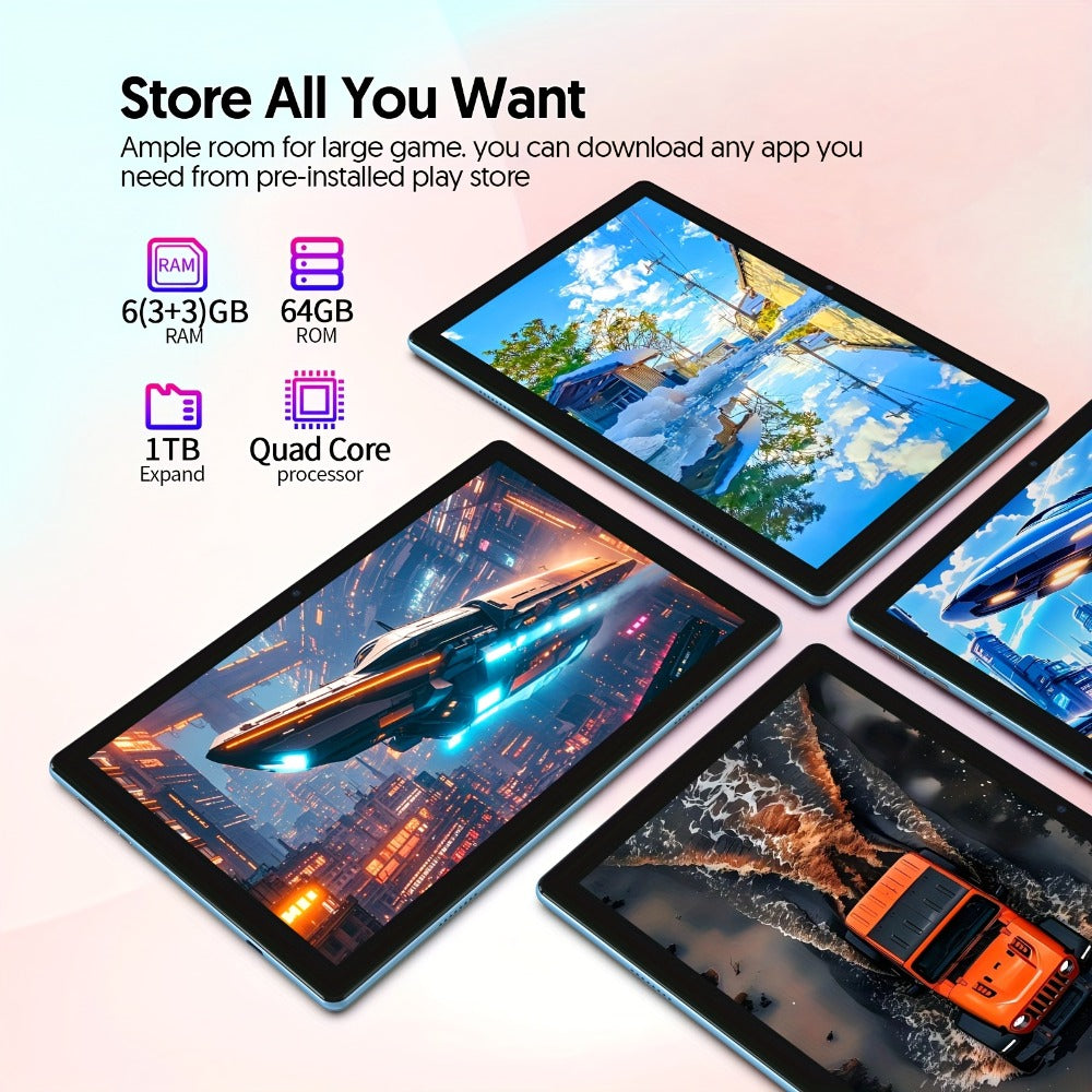 2-in-1 Android 15 Tablet 10 Inch Quad-Core 12GB RAM 64GB ROM 1TB Expandable 6000mAh Battery FHD IPS Display Dual Camera Optional Keyboard Mouse Case Stylus Three Configurations WiFi