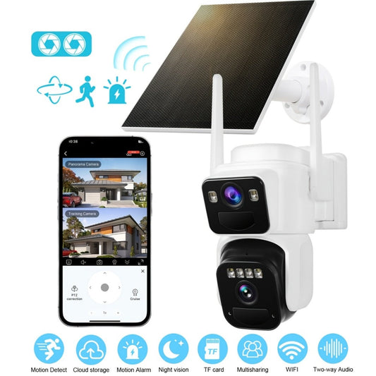 Dual Lens Solar Security Camera Outdoor Wireless WiFi Battery Powered with Color Night Vision, PIR Motion Detection, Two-Way Audio, Spotlight Alarm & 256GB TF Card Support – Wire-Free CCTV Surveillance
