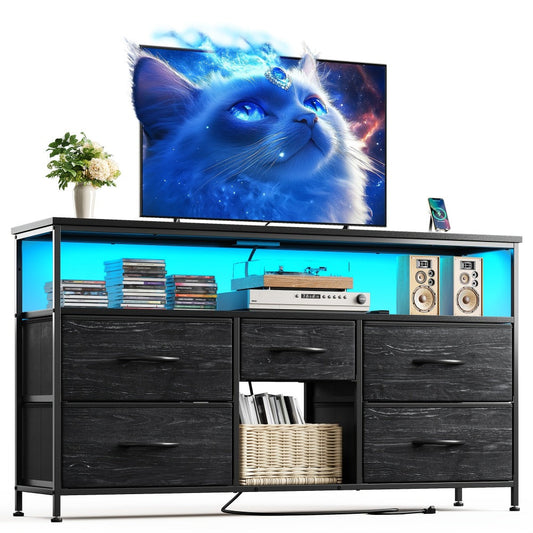 TV Stand, LED Dresser with 5 Fabric Drawers & Power Outlets, Entertainment Center for TVs shown in the main product view