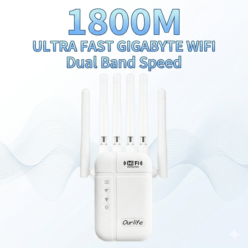 WiFi Booster 1800Mbps 10000 Sq Ft 6-Antenna 360° - Covers 50 Devices, Ethernet Port, One-Click WPS Setup, Advanced Signal Amplifier for Large Home Office Basement Garage Backyard