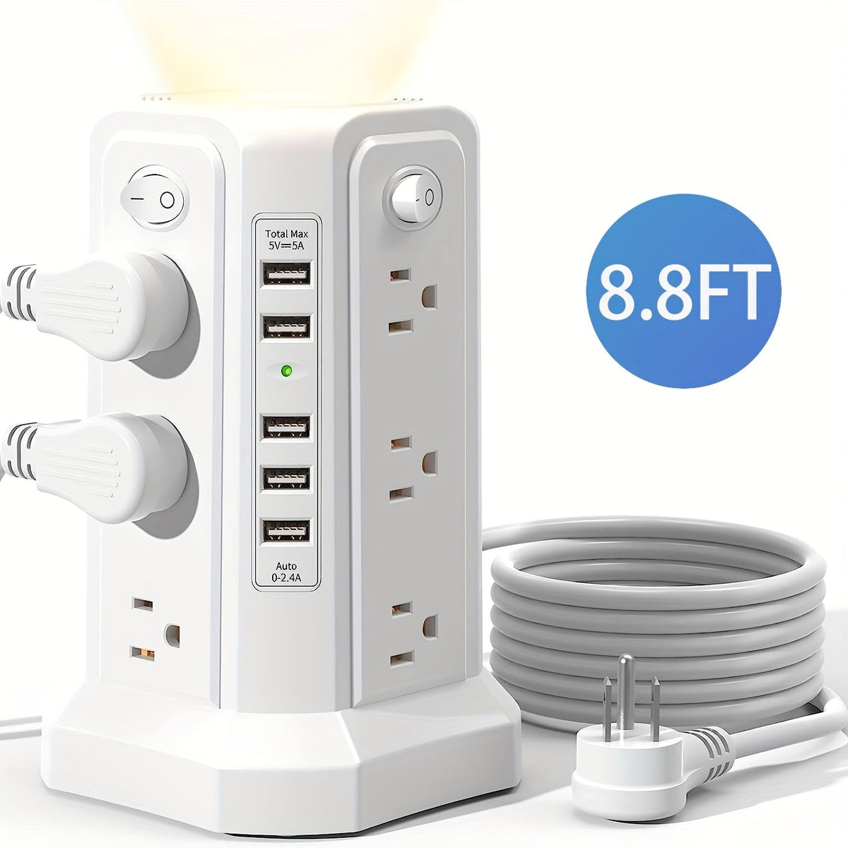Power Strip Tower Angled Flat Plug 17-in-1 with 12 AC Outlets 4 USB-A 1 USB-C PD 18W 4 Independent Switches 1500J Surge Protector Desktop Extension Cord for Home Office Dorm Room – Black & White