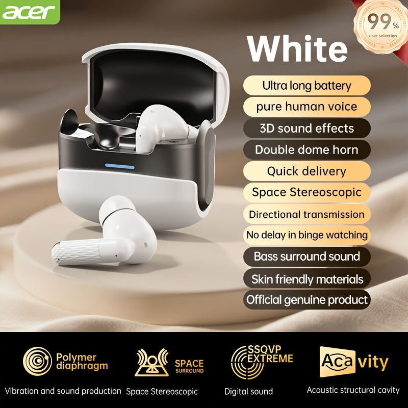 ANC Wireless Earbuds Acer Official TWS In-Ear Active Noise Cancellation Spatial Audio Low Latency Gaming Mode HD Calls Long Battery Life Sports Driving Earphones Navy Blue White