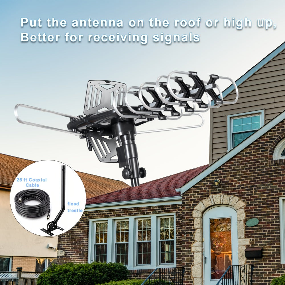 Outdoor TV Antenna 150 Mile Motorized 360° Rotation – Snap-On Install, Supports 2 TVs Simultaneously, 33FT RG6 Coax Cable, Mounting Pole Included, Wireless Remote, Free Local Channels, No Monthly Fee