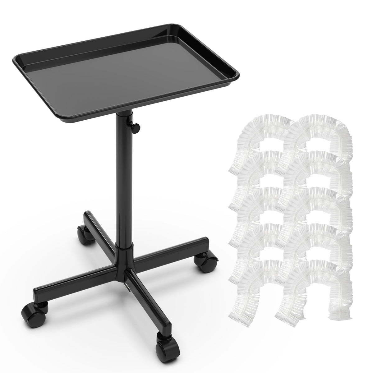 Rolling Salon Tray Cart with 10 Disposable Covers & Adjustable Height – Black Dirt-Proof Mobile Utility Trolley for Tattoo Artist, Spa, Esthetician & Hairstylist