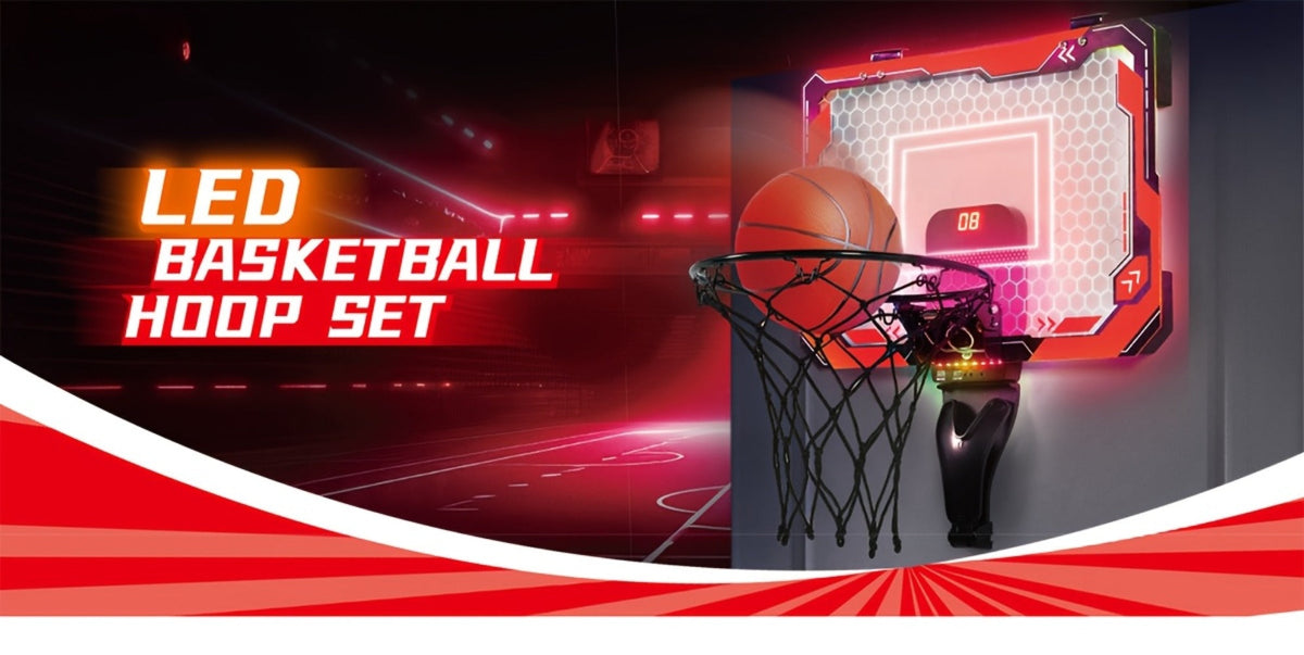 Over-the-Door Indoor Basketball Hoop with Light-Up Scoreboard, Red