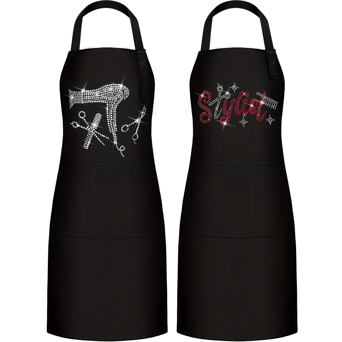 Rhinestone Barber Apron Set of 2 – Professional Hair Stylist Salon Smock 3 Pockets Hairdresser Apron Unisex Durable Barbershop Uniform for Women Men Gift for Barber
