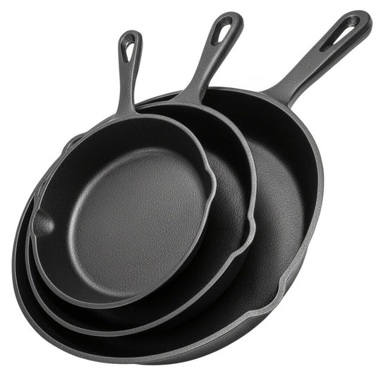 Cast Iron Skillet Set with Pour Spouts, 3-Piece Black Cookware for Home and Camping