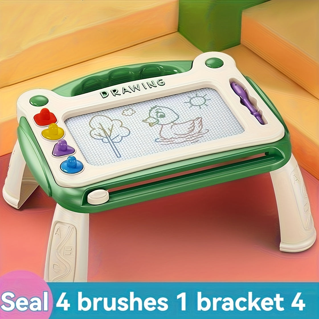 Magnetic Drawing Board for Kids with 4 Stamps Paintbrush & 4 Stands – Mess-Free One-Slide Erase Early Learning Educational Art Toy Gift for Boys Girls Ages 3-8 Blue Green Pink