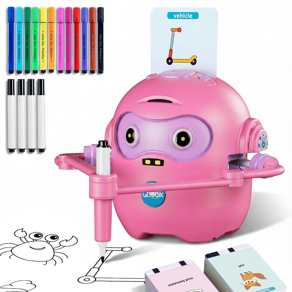 Drawing Robot for Kids Ages 3-8 — Rechargeable 4-in-1 Interactive Learning Machine with 100 Drawing Cards & Color Pens, STEM Art Toy Gift for Boys Girls, Birthday Christmas White Pink