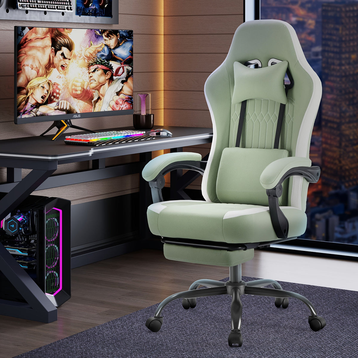 Gaming Chair shown in the Green, With Footrest option