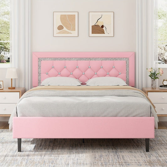 Bed Frame, Princess with Diamond Tufted Headboard Twin Full Queen Soft PU Leather Wood shown in the main product view