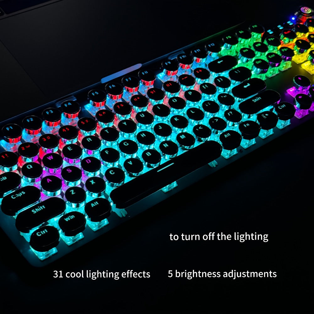 Typewriter Mechanical Keyboard with Green Switches – Retro Punk Style RGB Backlit Wired Gaming & Office Keyboard with Volume Knob, Compatible with PC Laptop Mac – Unique Gift for Her & Him