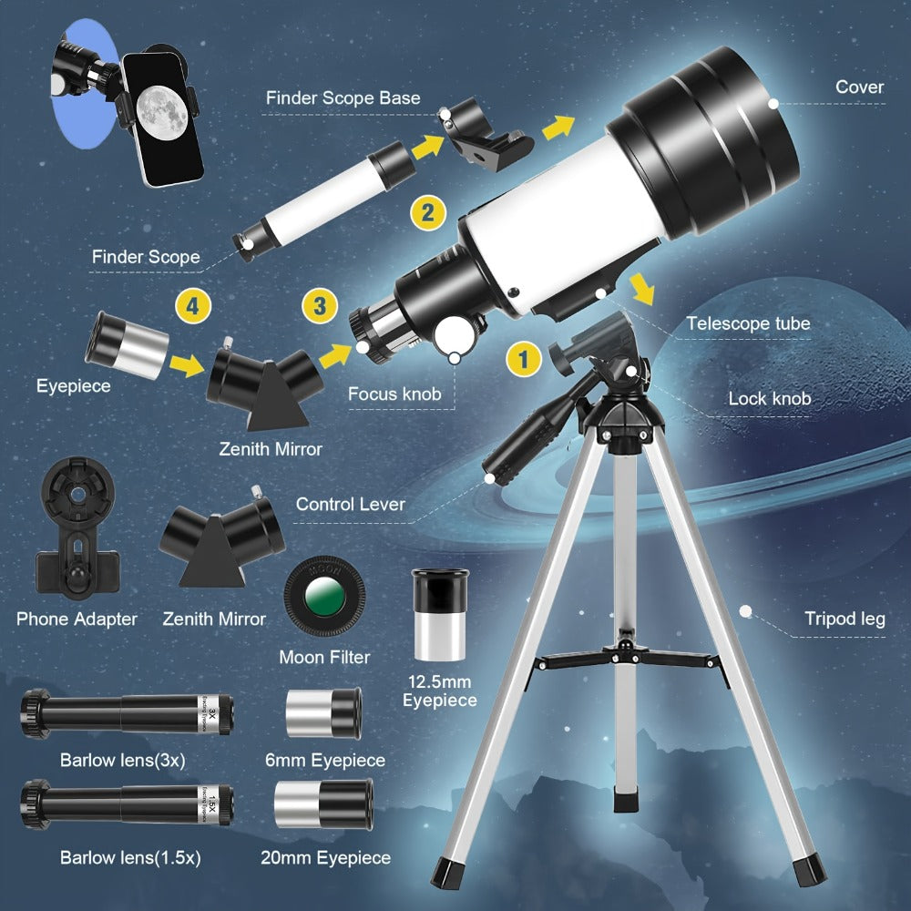 150X Telescope 70mm Aperture for Adults High Power Portable Monocular with Tripod Phone Holder Eyepiece Barlow Lens for Stargazing Nature Viewing Bird Watching Education Gift