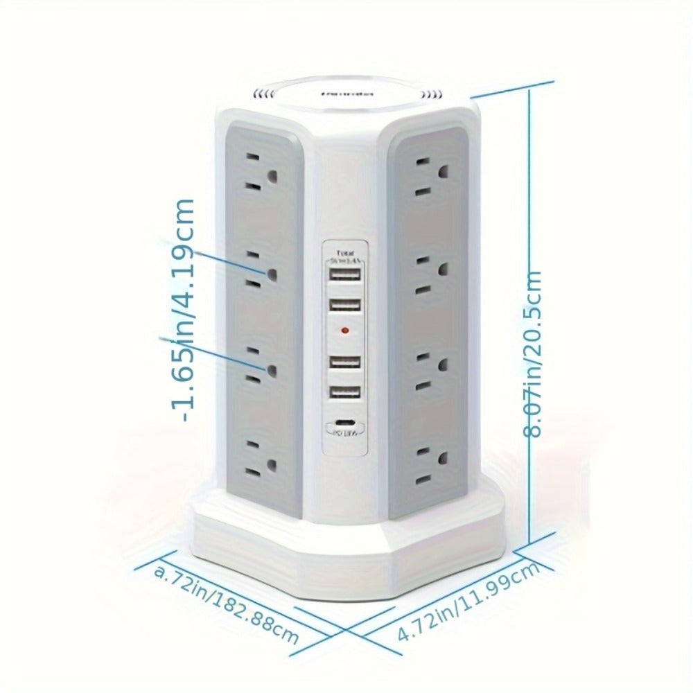 PD18W USB-C Power Strip Tower 21-in-1, 16 AC Outlets & 5 USB Ports, 1500J Surge Protector, Angled Flat Plug, 6ft 13A Extension Cord, Fast Charging Desktop Power Tower for Home Office Dorm – White