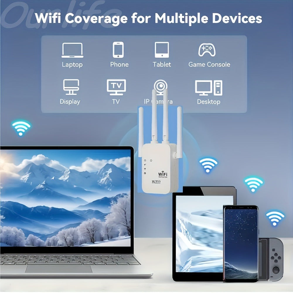 WiFi Extender 1300Mbps Dual Band AP & Relay Mode - 4 Powerful Antennas Full House Coverage, Ethernet Port, Eliminates Dead Zones, for Home Office Gaming Streaming, White Black
