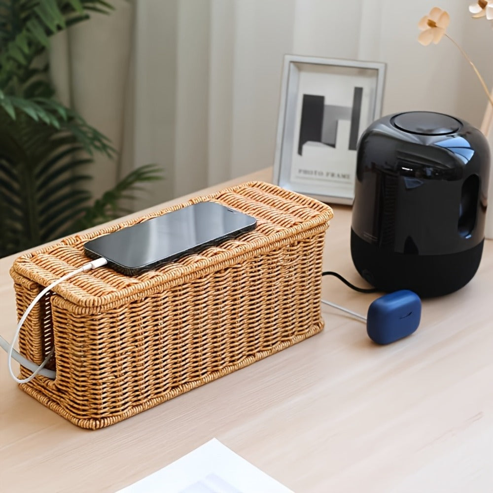 Rattan Cable Management Box with Lid Woven Cord Organizer – Stylish Power Strip Cover Wire Hider for Home Office Living Room Desk Bedroom, Conceals Surge Protectors & Data Cables, Boho Decor Gift