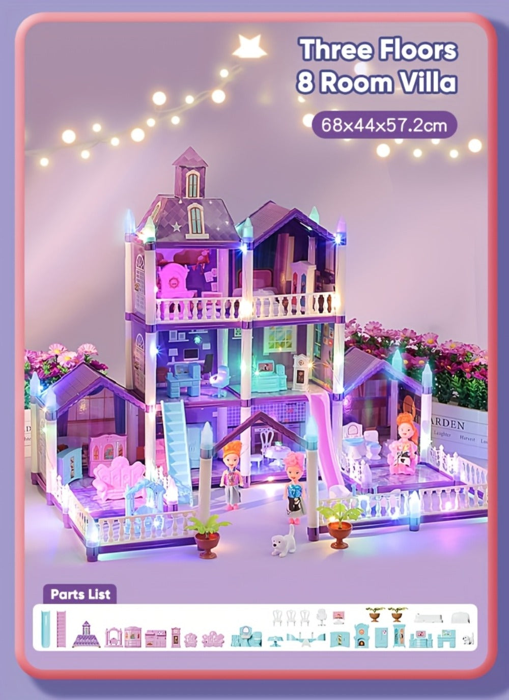 Purple LED Dollhouse Playset with 6 to 16 Room Options and Furniture