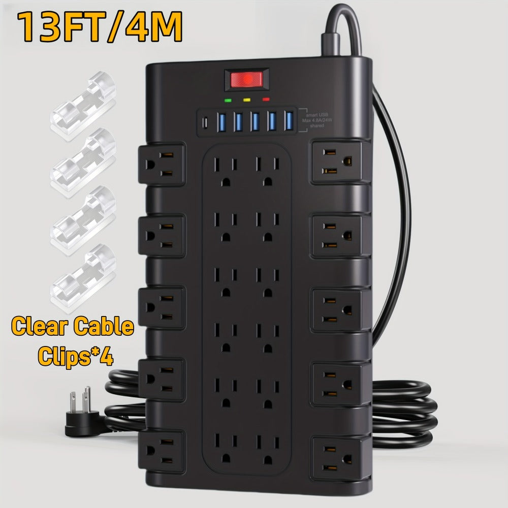 Surge Protector Extension Cord Flat Plug 2100 Joules with Control Switch Status Indicator Wall-Mountable Multi-Outlet Power Strip 28-in-1 22 AC or 8-in-1 4 AC with USB Ports Multiple Length Options for Home Office – Black