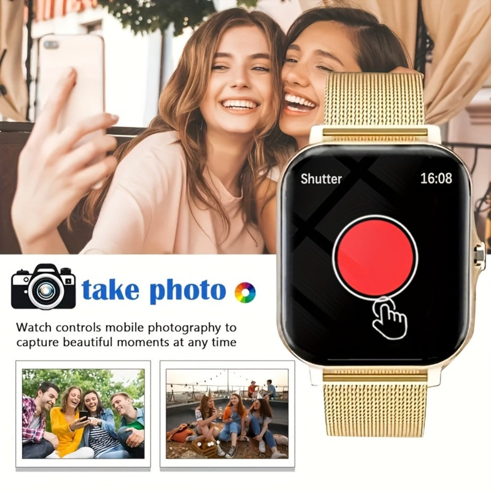 Gift Smartwatch Metal Strap – Wireless Calling, Music Player, App Notifications, Sports Mode, USB Rechargeable – Elegant Watch Gift for Women & Men Pink Black Silver Gold Android & iPhone