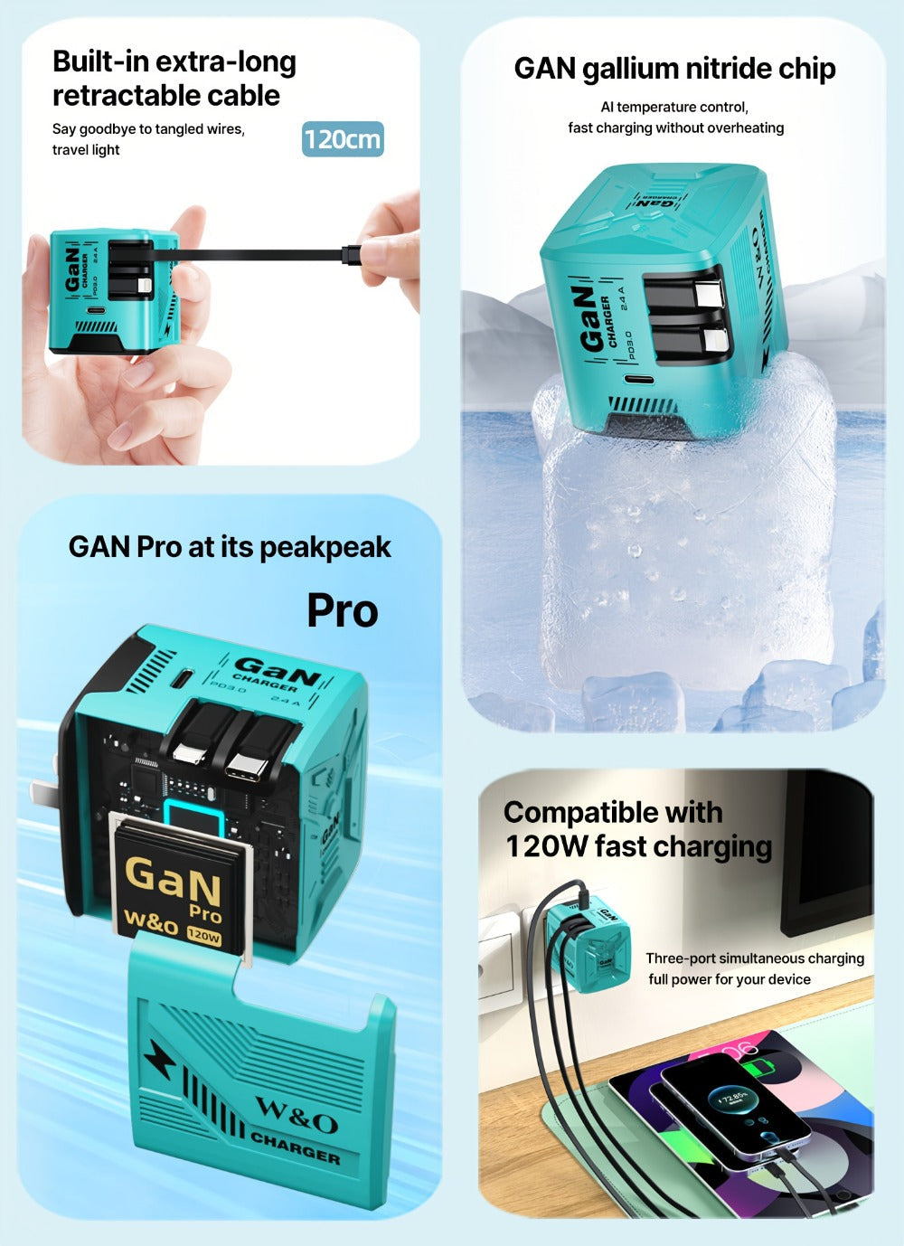 Dual Cable GaN Charger 120W with Built-In 47in Type-C & Lightning Retractable Cables, Foldable Plug – Tangle-Free Fast Charging USB-C Wall Adapter for iPhone 16 15 14 Pro Max, Samsung Galaxy S25 S24