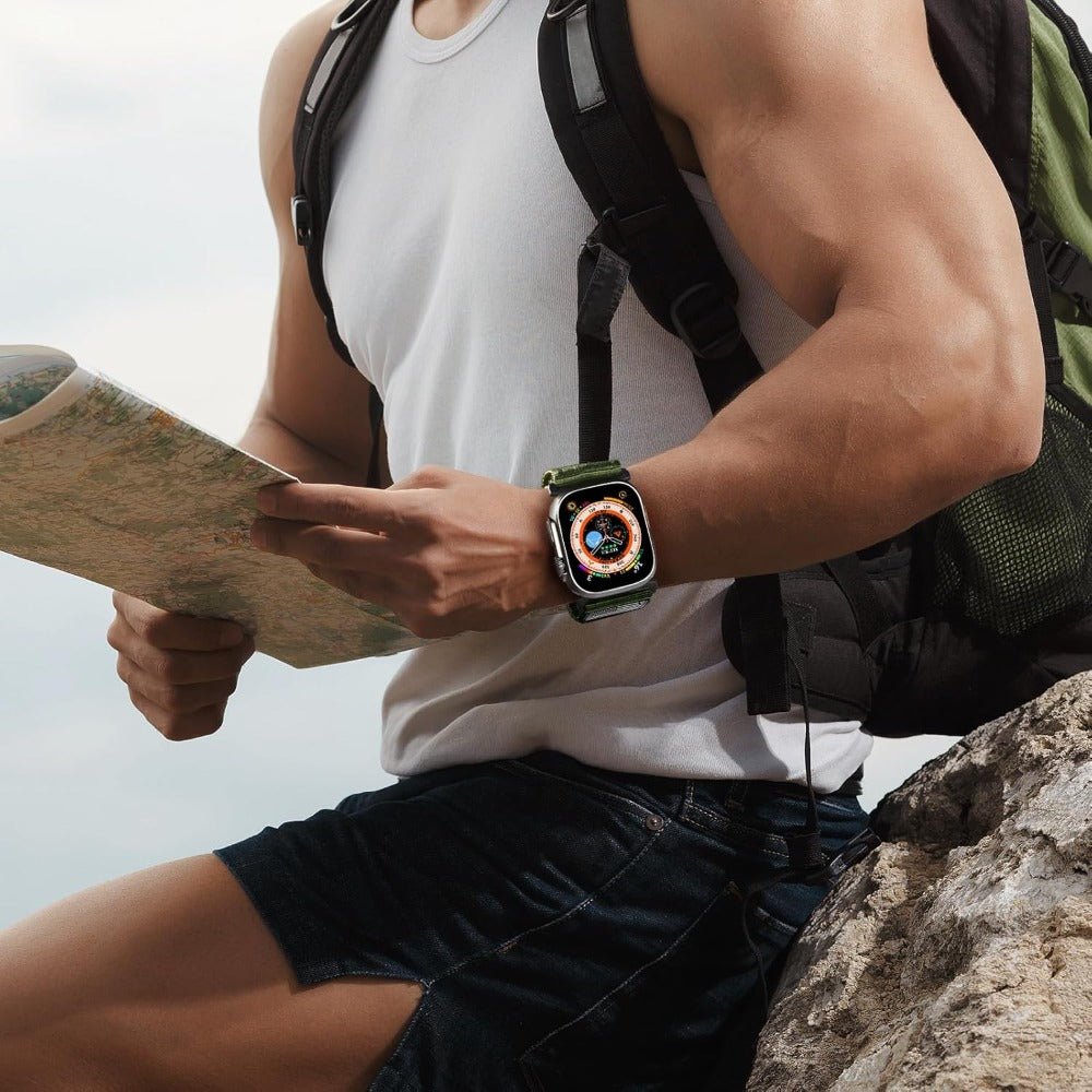Rugged Nylon Apple Watch Band Men Sport Loop Soft Woven Adjustable Hook Loop Strap Compatible with Apple Watch Ultra 3 2 1 Series 1-11 SE 42mm 44mm 45mm 46mm 49mm Army Green Black Blue Orange Outdoor Hiking Gym
