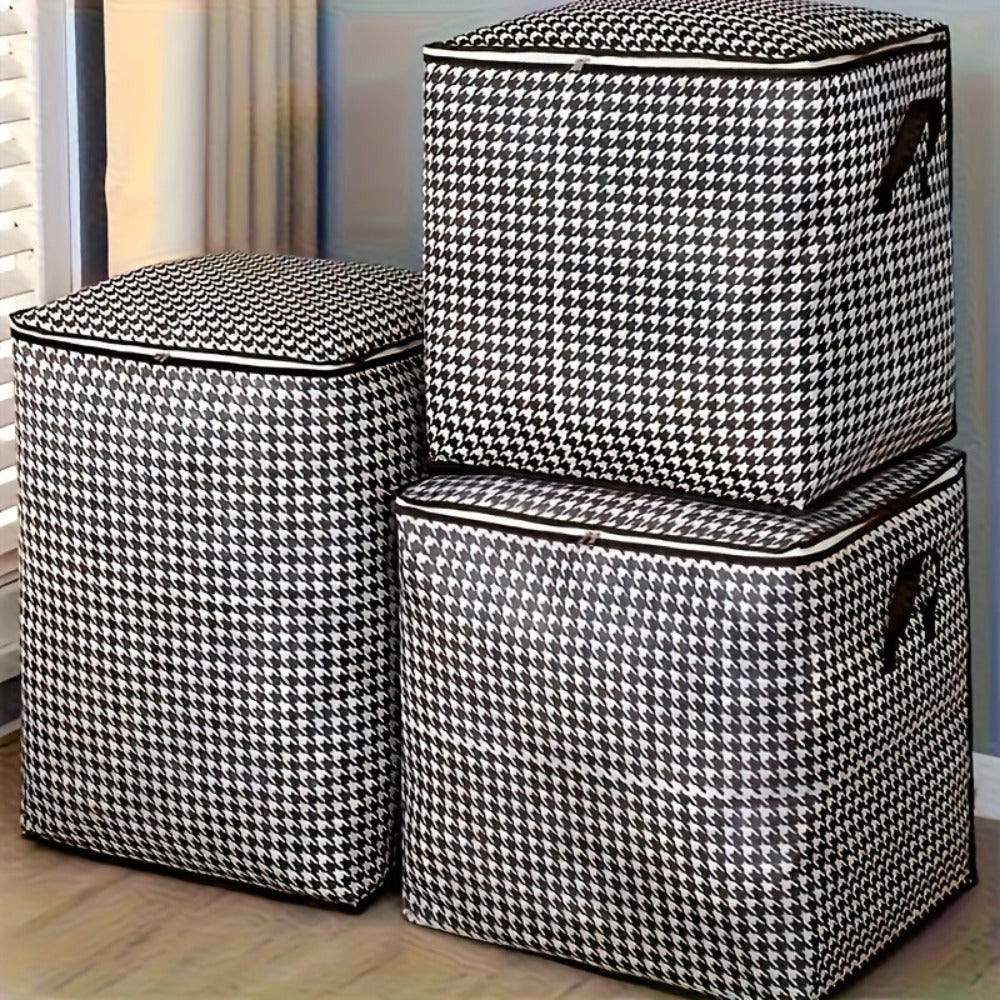 Large Storage Bags Houndstooth Non-Woven Fabric Organizer with Double Zipper & Handles – 160L/180L Dustproof Foldable Storage Box for Bedroom, Closet, Moving, Travel & Dorm, 1pc or 3pcs Set