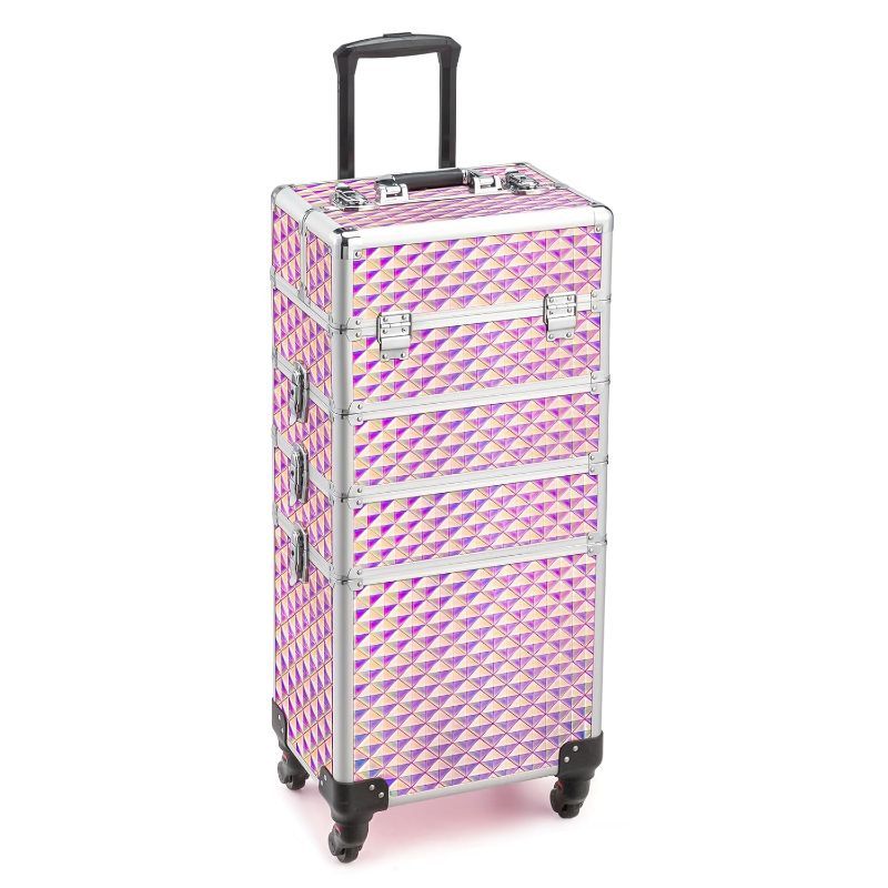 Makeup Train Case Rolling 4-in-1 Aluminum Lockable Trolley with 4 Removable Wheels Collapsible Trays DIY Compartments Telescopic Rod Cosmetic Organizer for Makeup Artists Salon Travel Black Pink Rhinestone