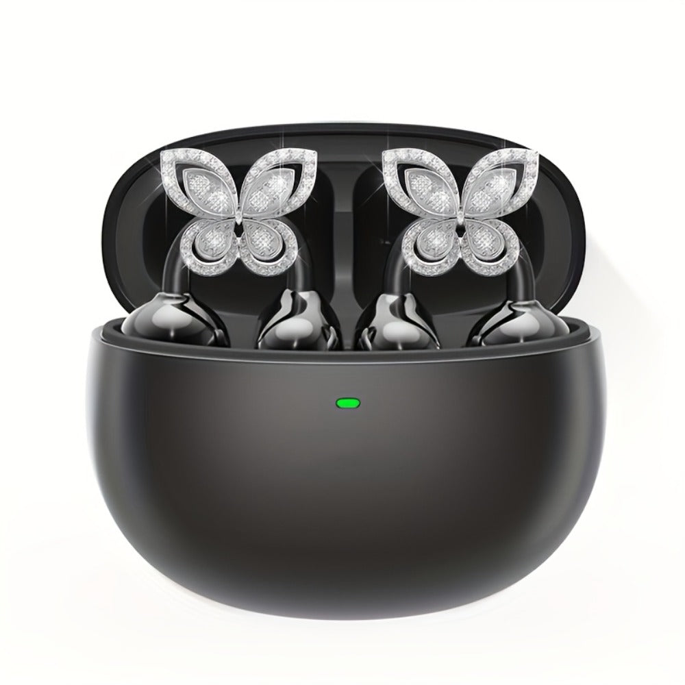 Clip On Wireless Earbuds Open Ear Bluetooth Headphones with Detachable Gemstone Earrings ANC Noise Reduction HD Stereo Hands-Free for Sports Exercise Work Study Outdoors